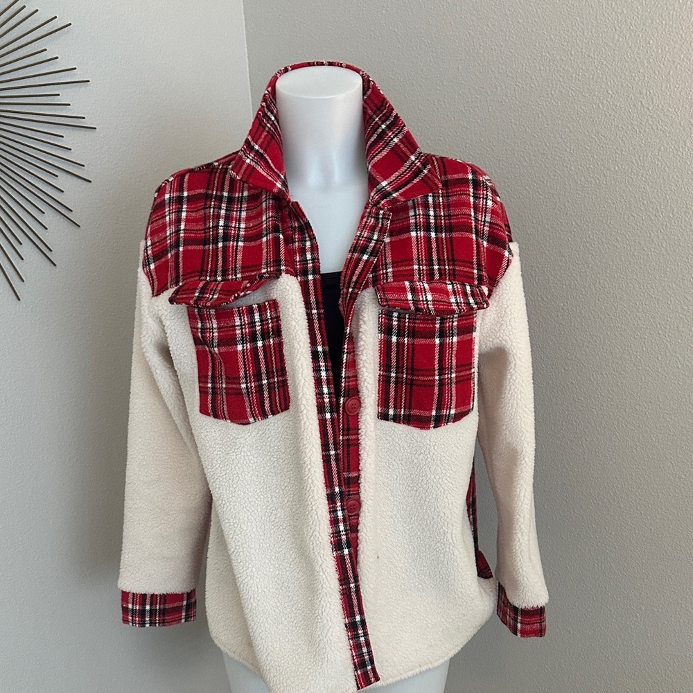 SHEIN Red and Cream Plaid Jacket